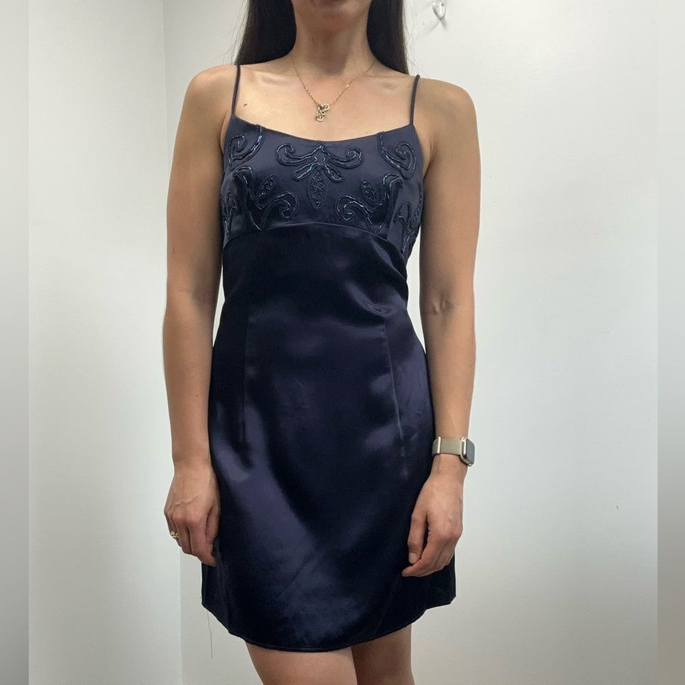 Gunne Sax Vintage 90s Jessica McClintock Navy Blue Satin Mini Dress Beaded S